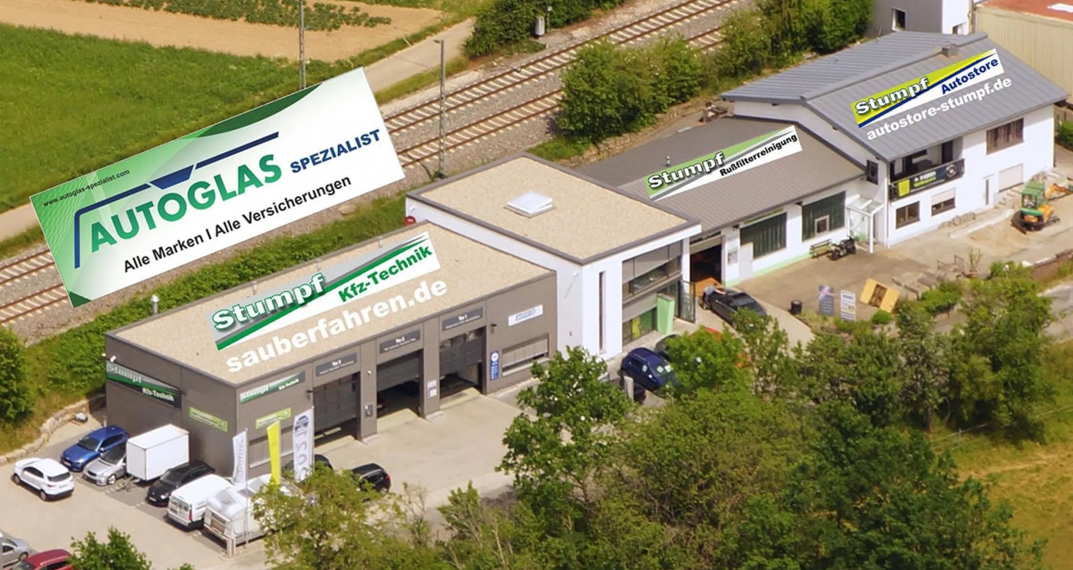 Luftbild von Kfz-Technik Stumpf in Elztal-Dallau mit Werkstatt, Rußfilter-Reinigungszentrum und AUTOGLAS SPEZIALIST Schild